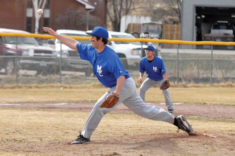 Sheldon Greenwood, a Moffat County High School sophomore, throws a pitch during the third inning Tuesday against Union High School at Craig Middle School. Greenwood allowed three runs in the first inning, but threw three scoreless innings after before being relieved in a 4-3 victory for the Bulldogs.