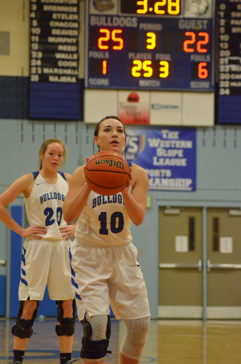 Moffat County High School's Quinn Pinnt readies for a free throw as Lady Bulldogs hold a small lead against Lutheran.