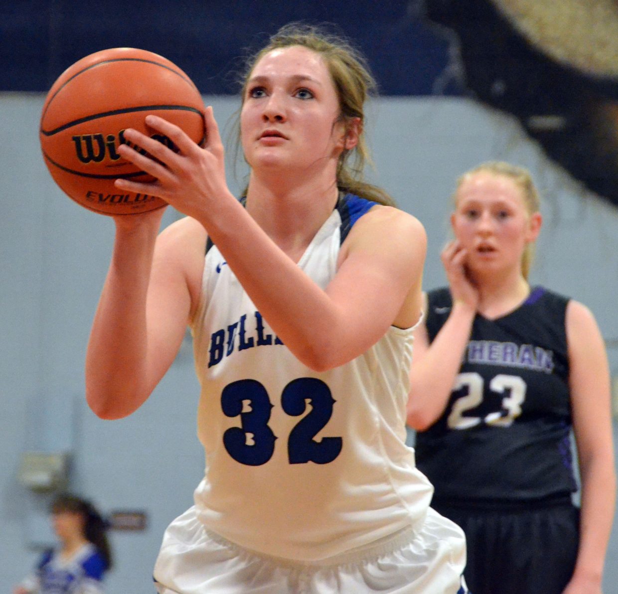 Moffat County High School's Tiffany Hildebrandt lines up a free throw against Lutheran. Late foul shots by Hildebrandt and Jana Camilletti helped clinch the win against the Lions.