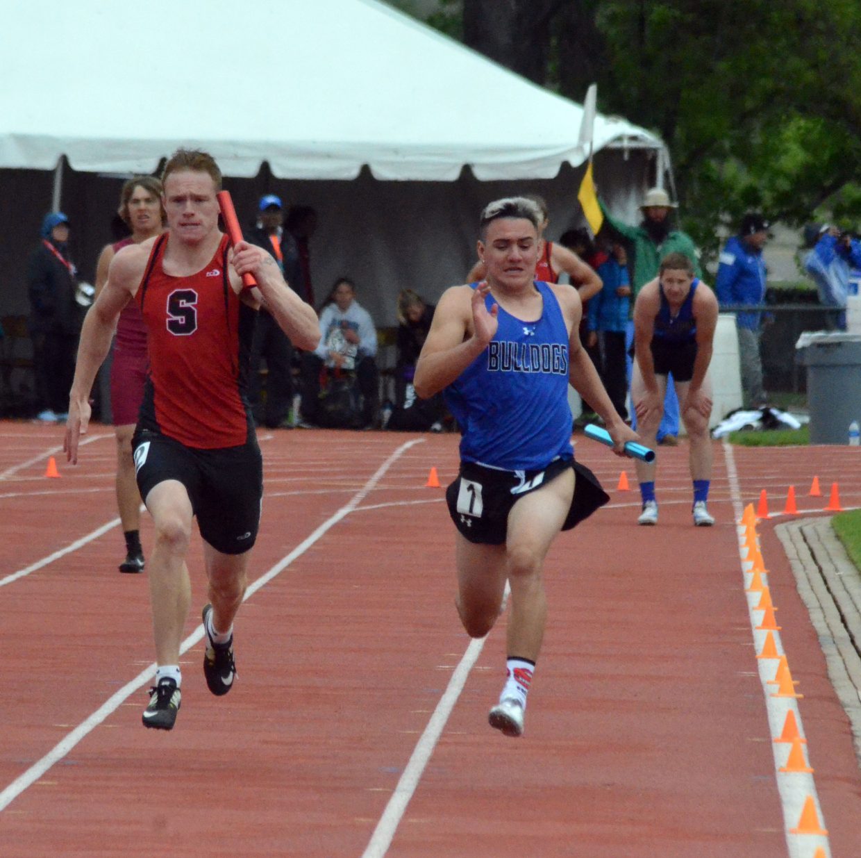 Moffat County High School's Victor Silva hustles down the final stretch of the 4x100-meter relay Saturday at the CHSAA State Championships.