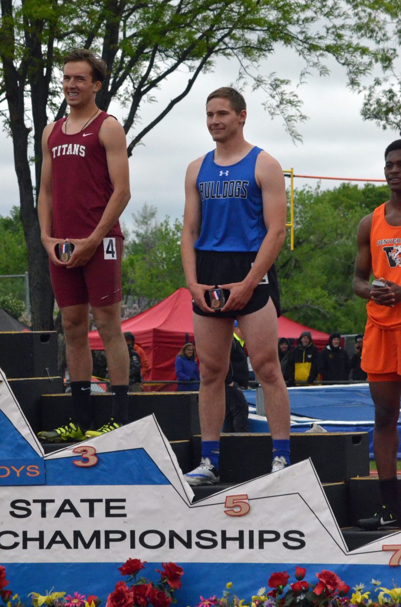 Moffat County High School's Miki Klimper takes the podium for fifth place in the 300-meter hurdles Saturday at the CHSAA State Championships.