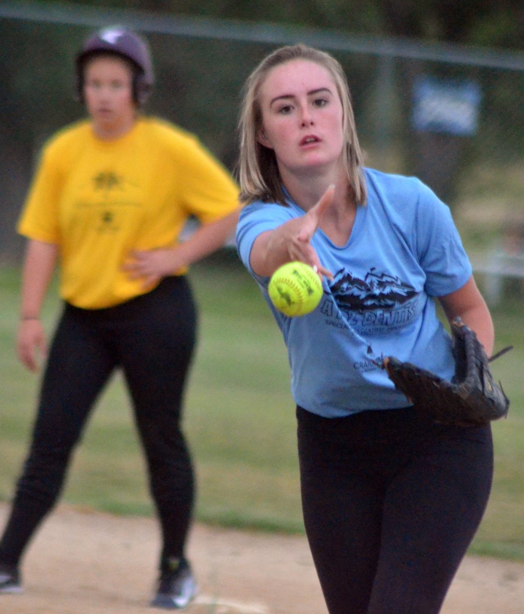 Bailey Lawton of A Kidz Dentist whips a pitch across the plate.