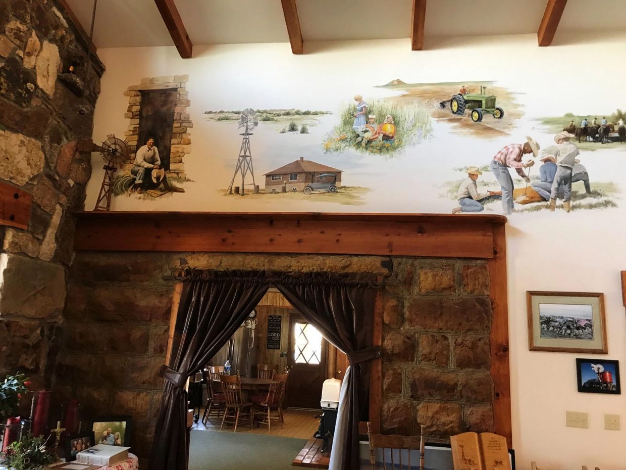 The first half of a mural that started with Aarorn Emick in front of his homestead. Next to it is Elizabeth Emick's homestead, which Robert and Heleln still live in today.