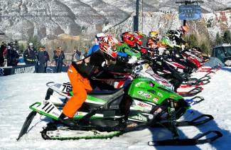 Leadville's Billy Burkhardt (near) gets ready for the starting gun at the X Games Aspen adaptive snocross final on Jan. 28.