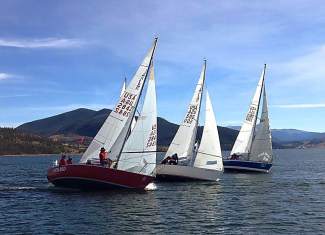A trio of sailboats forms a line on Lake Dillon during training for upcoming regatta races like the Dillon Open from Aug. 5-7.