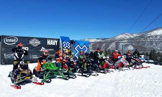 Leadville's Billy Burkhardt (scond from left) gets ready for the starting gun at the X Games Aspen adaptive snocross final on Jan. 28.