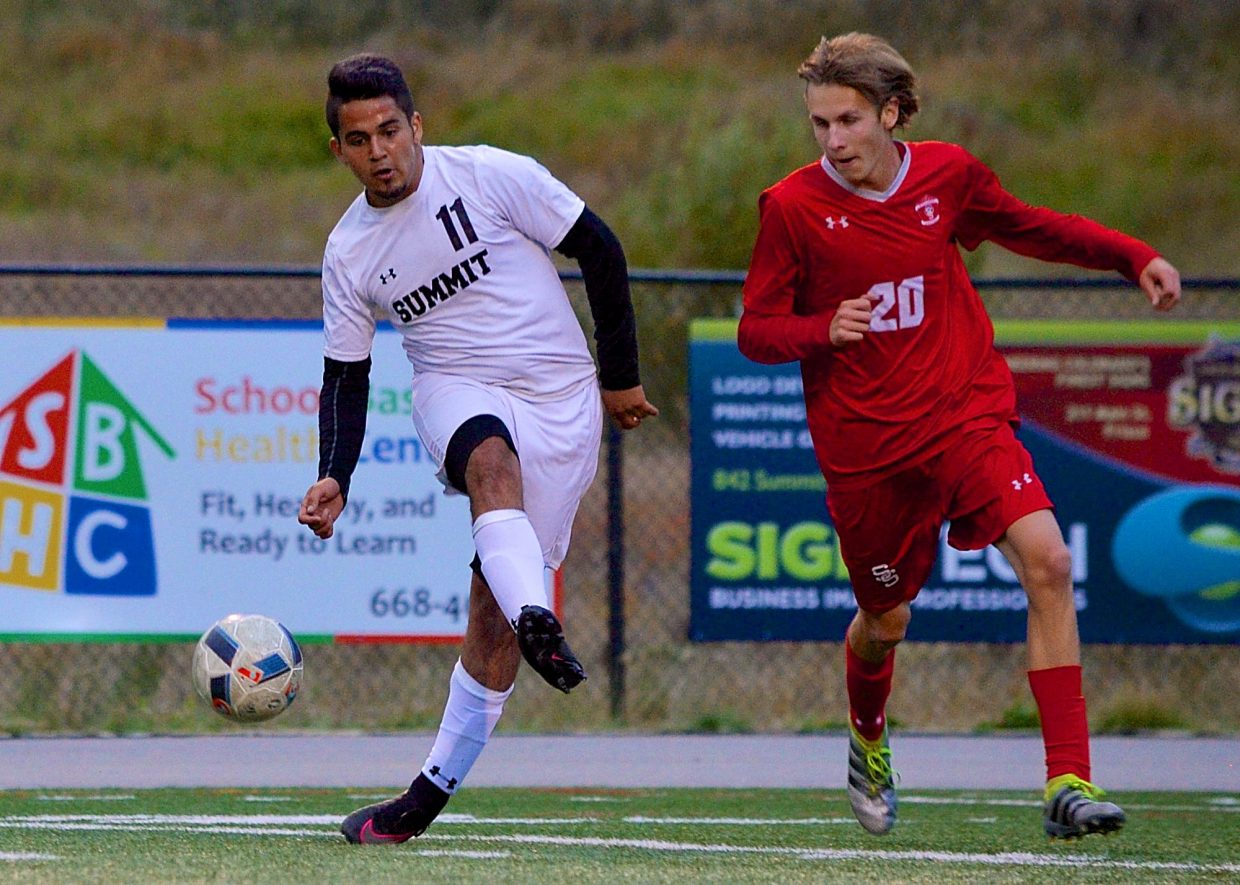 Summit forward Salvador Zambrano clears the ball from a Steamboat Springs defender during the first half of a home soccer game on Sept. 22. The Tigers won, 4-2.