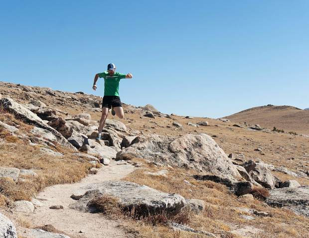 Local skyrunner Derek Brooks on a high-alpine trail in Rocky Mountain National Park, found about three hours north of Breckenridge outside of tiny Estest Park. The area is fast becoming a Mecca for trail runners who crave rocky, steep terrain and variable conditions.