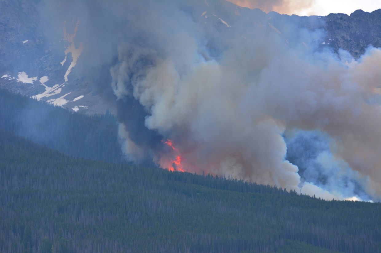 Flames rise above the trees in the Peak 2 fire near Breckenridge on Wednesday, July 5.