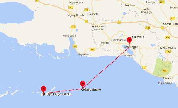 The 86-nauticical-mile (99-mile) sailing route from Cuba's southern coastal city of Cienfuegos to the islands of Cayo Guano and Cayo Largo del Sur. A group of Summit County and Vail residents completed the voyage in June.