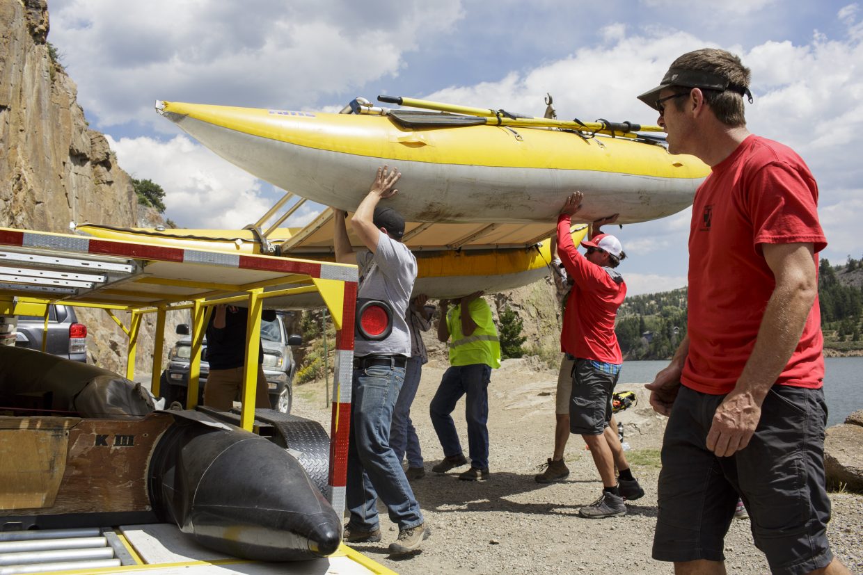 Summit County Water Rescue Group workers put away the cataraft used to locate the body at the Green Mountain Reservoir Wednesday, Aug. 2, near Heeney.