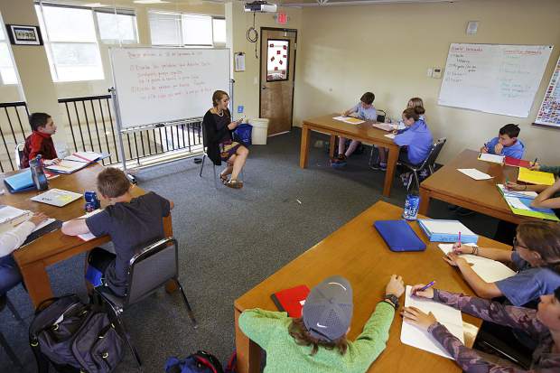 Students at The Peak School in Frisco attend a Spanish class led by teacher Monica Mills on Wednesday morning, Sept. 13.