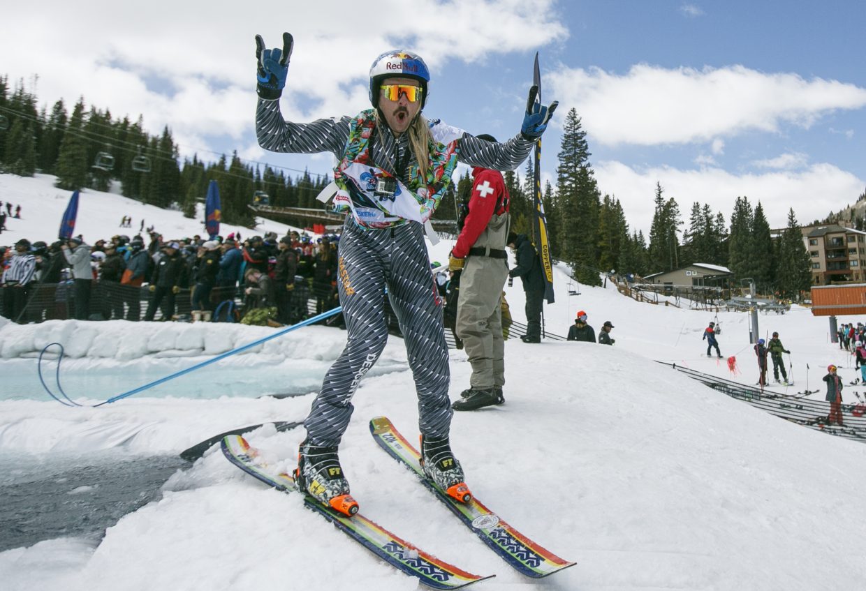 Hayden Wright poses for camera during the Red Bull Slopesoakers Pond Skimming competition Saturday, April 14, at Copper Mountain.