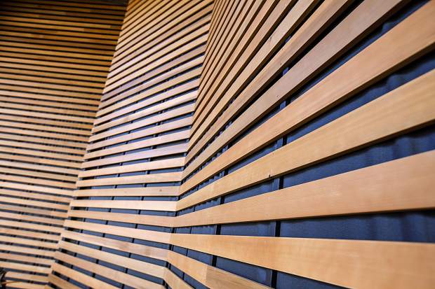 Cedar wood line paneling at the updated theDillon Amphitheater Thursday, April 12, in Dillon.