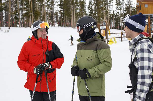 Jon Lujan, a retired sergeant in the U.S. Marine Corps, far left, chats with Chad Althusser, a retired major, and Josh Jespersen, a Navy SEAL, far right, as part of the Semper Fi Fund adaptive military veterans program on Wednesday, Feb. 13, at Keystone Resort, hosted by the Keystone Adaptive Center.