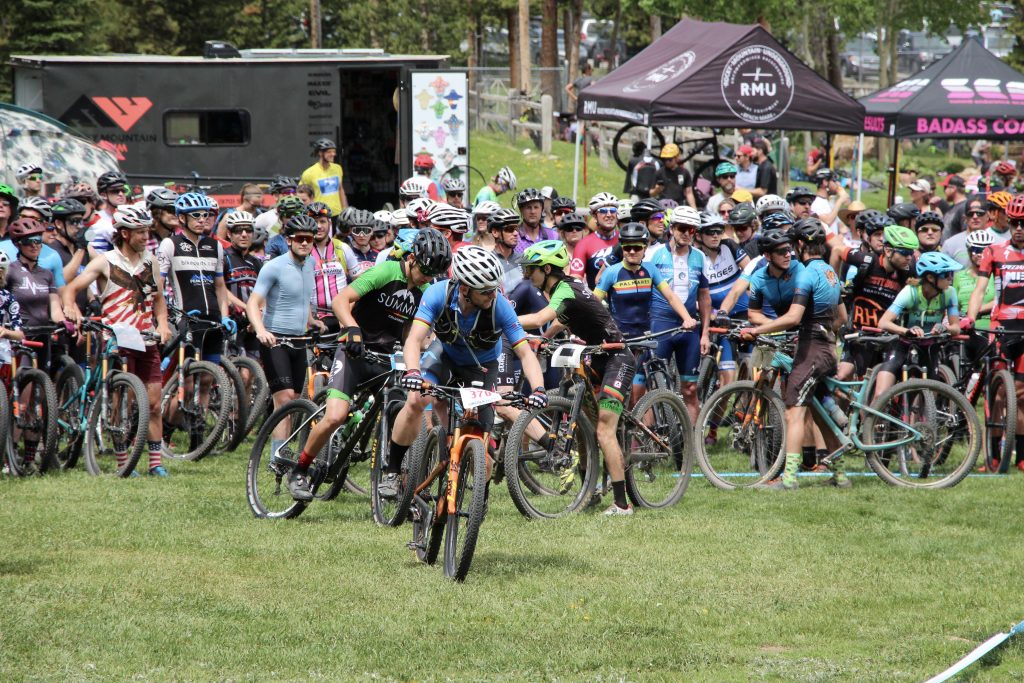 Mountain bikers pedal at the Firecracker 50 mountain bike event at Carter Park in Breckenridge on Thursday.