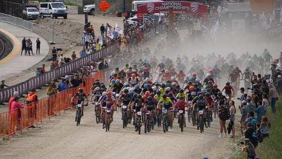 An uphill mass start is seen at last month's USA Cycling Mountain Bike National Championships in Winter Park. 