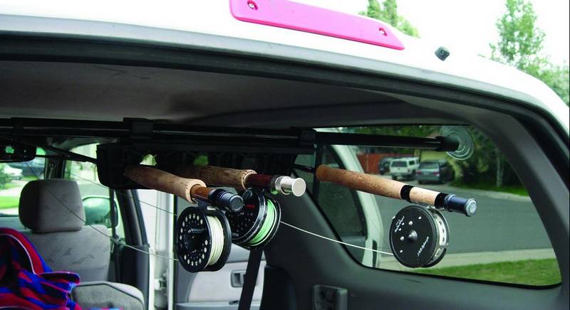 dogs wth fishing poles in truck Car Roof Rack Rod Holder, Vehicle Fishing Rod Holder Car Fishing Pole Roof Rack Inside with 5 Hole Pole Rack Belt Strap Fishing Tackle for Car SUV Wagons Van RodReady makes fishermen's SUV dog-ready