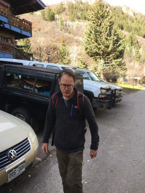 An Aspen Skiing Co., employee snapped this picture of James Hogue on Tuesday after catching him trying to build a shack near the remains of another cabin that was dismantled after authorities found it in September. Hogue, a 57-year-old notorious con man, has since disappeared.
