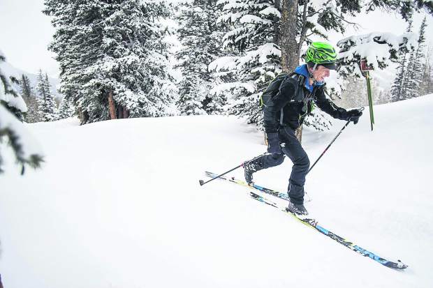 Stig Somme skins up to the top of Ajax for the Power of 4 ski mountaineering race on Saturday.