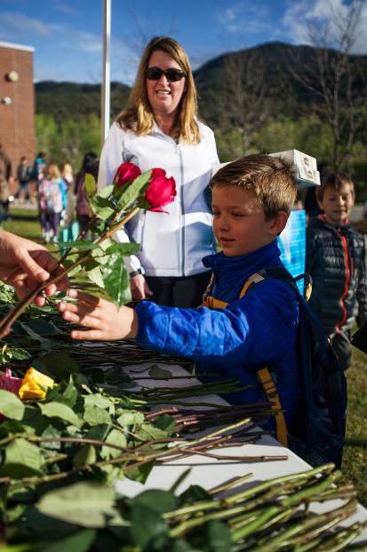 Ryan Marcinkowski, 7, purchases a flower for his teacher at Basalt Elementary for Teacher Appreciation Week at Basalt Elementary on Wednesday.
