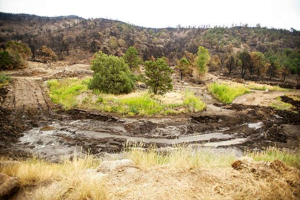 An area affected by a mudslide on the Lane family's property from Saturday's rainfall on Wednesday afternoon from the Lake Christine Fire burn scar.