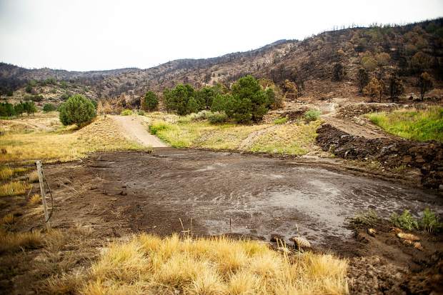An area affected by a mudslide on the Lane family's property from Saturday's rainfall on Wednesday afternoon from the Lake Christine Fire burn scar.