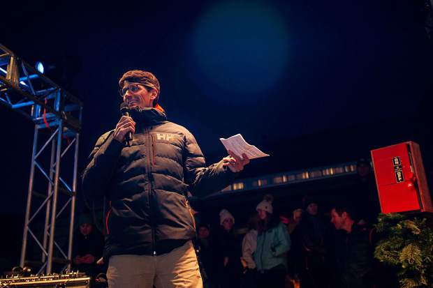 Aspen Skiing Co. CEO and President Mike Kaplan speaking at the Snowmass Base Village grand opening Saturday night.