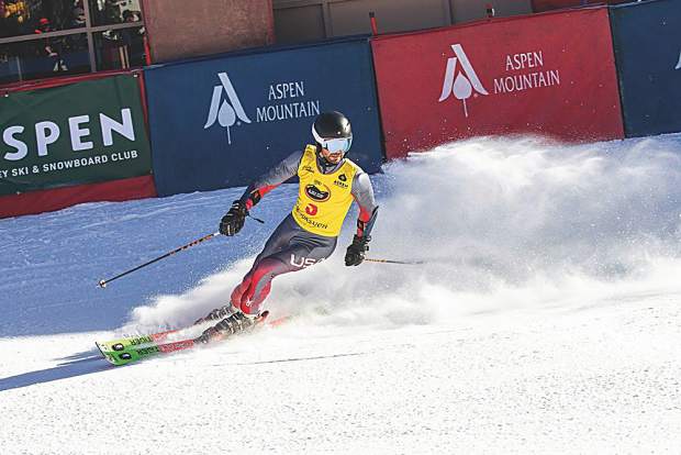 Noah Shore with team Super G! skis into the finish. Matt Power photo.