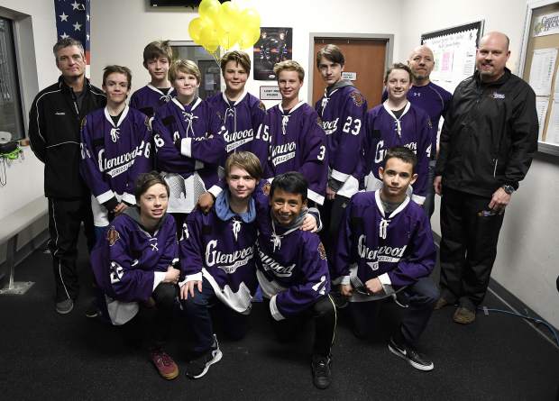 The Glenwood Grizzly Bantam Hockey team pose for a picture before they shaved their heads Thursday.