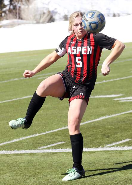 Aspen High School senior Margo McHugh competes in a girls soccer game against Delta on Saturday, March 16, 2019, on the AHS turf. (Photo by Austin Colbert/The Aspen Times).