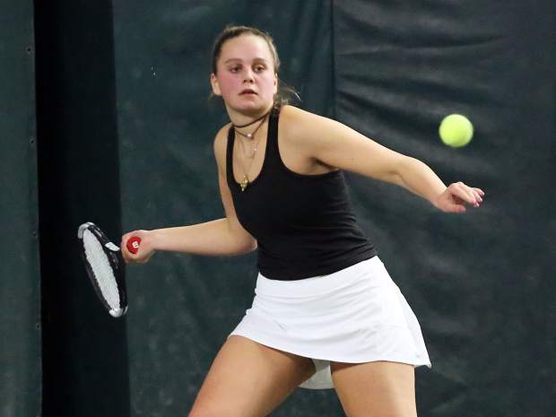 Aspen High School girls tennis senior Mary Williams competes against Fruita Monument on Tuesday, March 5, 2019, at Maroon Creek Club. (Photo by Austin Colbert/The Aspen Times).