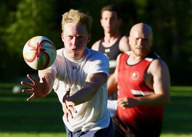 The Gentlemen of Aspen Rugby Club practices on Thursday, June 27, 2019, at Rio Grande Park. (Photo by Austin Colbert/The Aspen Times)