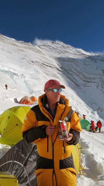 Tony Caine of Aspen hangs at Camp III on Mount Everest this May.