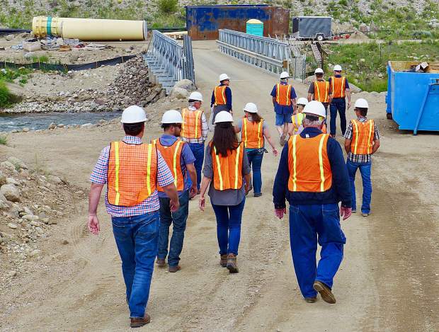 Participants in a CWCB tour, open to the public, of a new water infrastructure on the Arkansas River on Tuesday. The tour included CWCB staff and board members.