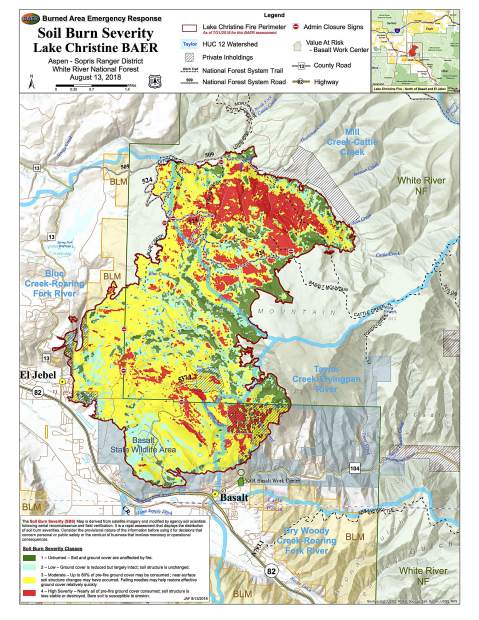 The red ares show the highest burn severity on Basalt Mountain. Three popular trails partially cross through high burn severity terrain.