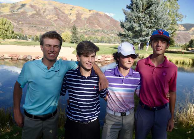 From left, Aspen High School golfers Jack Pevny, Nic Pevny, John Hall and Lucas Lee pose for a photo on Friday, Oct. 4, 2019, at Aspen Golf Club. The four will compete as a team in the state golf tournament Monday and Tuesday in Colorado Springs. (Photo by Austin Colbert/The Aspen Times)