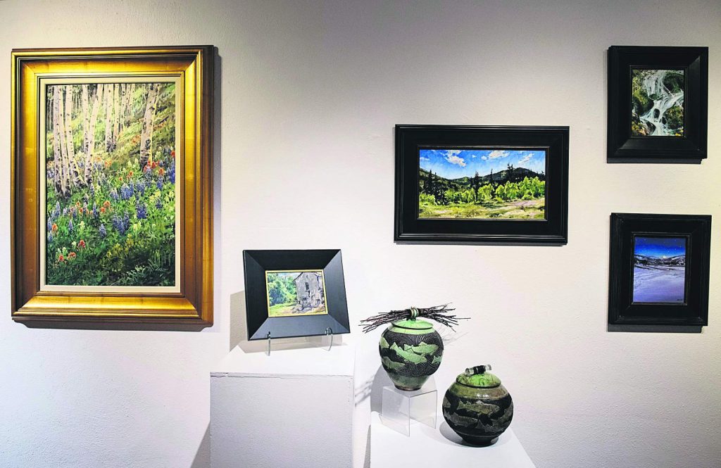 Pieces are displayed in the hallway of the Red Brick Center for the Arts for the Resident Artists Exhibition in Aspen on Thursday, November 14, 2019. (Kelsey Brunner/The Aspen Times)
