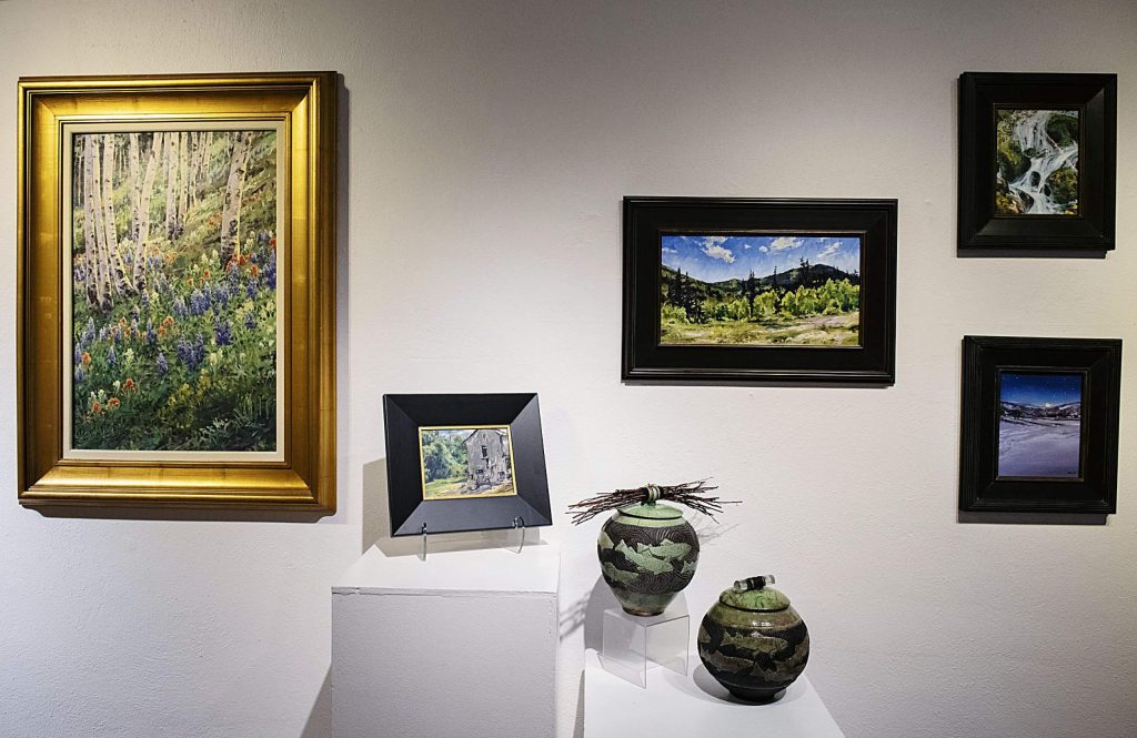 Pieces are displayed in the hallway of the Red Brick Center for the Arts for the Resident Artists Exhibition in Aspen on Thursday, November 14, 2019. (Kelsey Brunner/The Aspen Times)