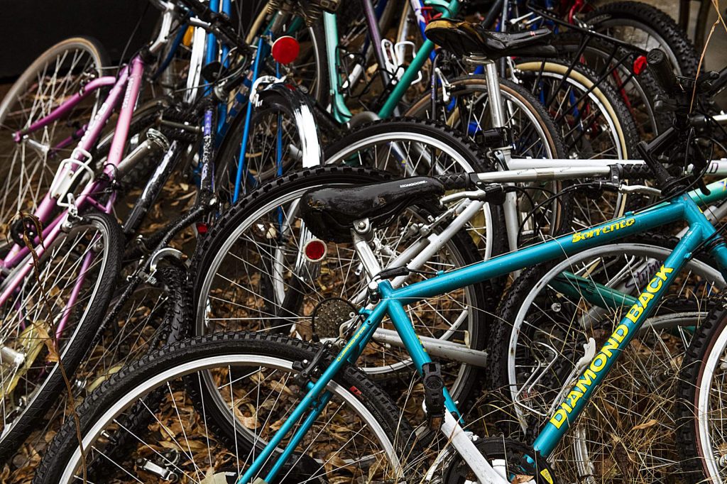 Bikes are piled outside of a new shed on the property of the Aspen Camp in Old Snowmass.