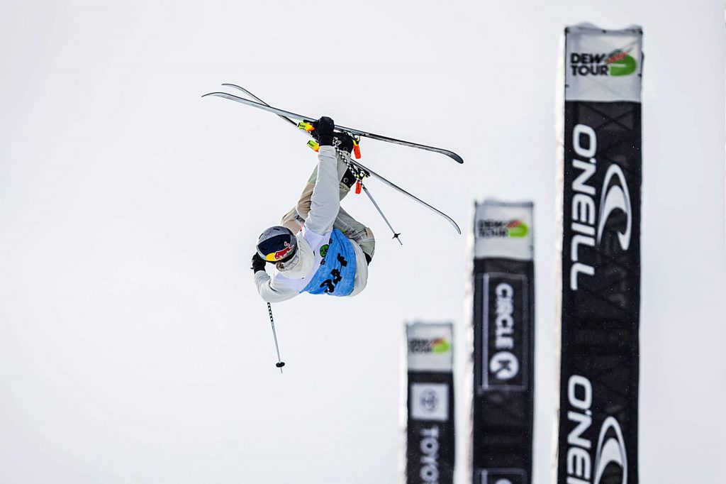 Noah Bowman of Canada inverts high above the pipe during his first-place run in the men’s ski modified superpipe final on Sunday, Feb. 9, day four of the Winter Dew Tour at Copper Mountain.