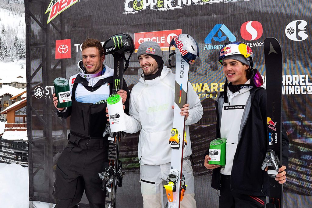 The podium for the men’s ski modified superpipe features from left to right, Gus Kenworthy in second place, Noah Bowman with first, and Nico Poretous taking third on Sunday, Feb. 9, day four of the Winter Dew Tour at Copper Mountain.