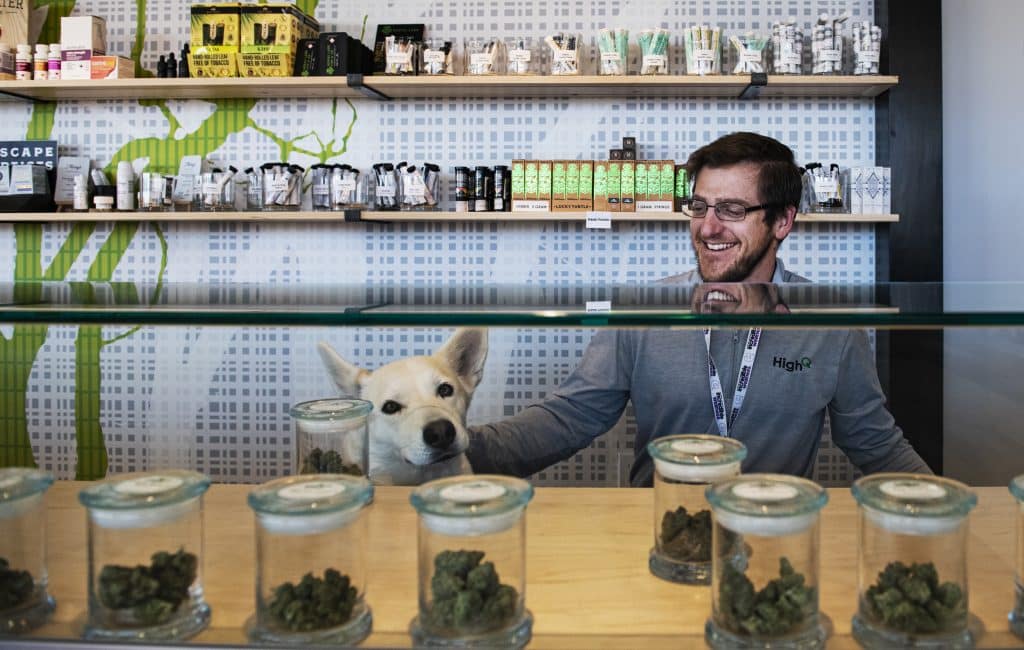 High Q budtender Curtis Jones puts the shop’s flower in the display case before opening at noon in Snowmass Village Mall on Tuesday, March 31, 2020.
