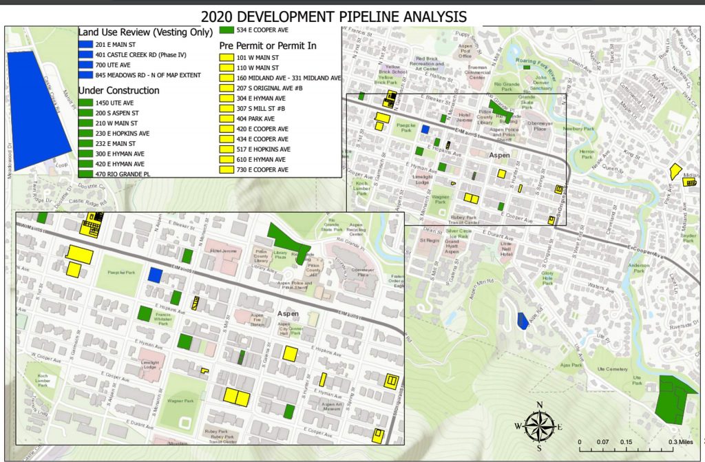 A map of construction projects in Aspen. Those depicted in yellow will be expedited per the direction of Aspen City Council in an effort to fuel that sector of the economy admist the COVID-19 crisis.