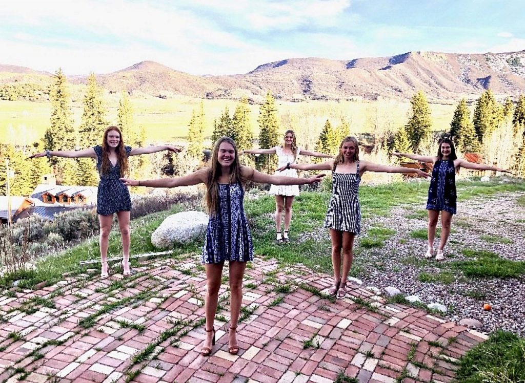 Seniors (from left to right) Maeve McGuire, Payton Curley, Hayley Heinecken, Lauren Fox, and Kat Goralka celebrate the 18th birthday from a safe distance.