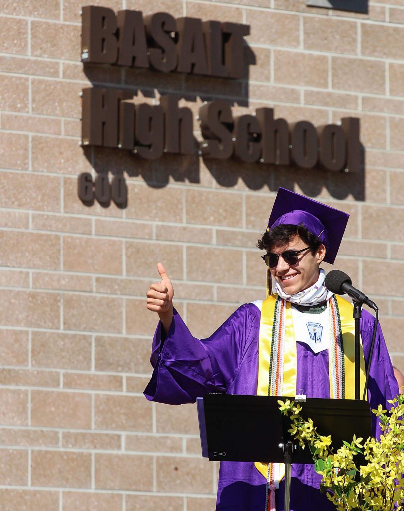 James Blazier gives a thumbs up during the Basalt High School Class of 2020 graduation ceremony on May 30, 2020. (Maddie Vincent/The Aspen Times).