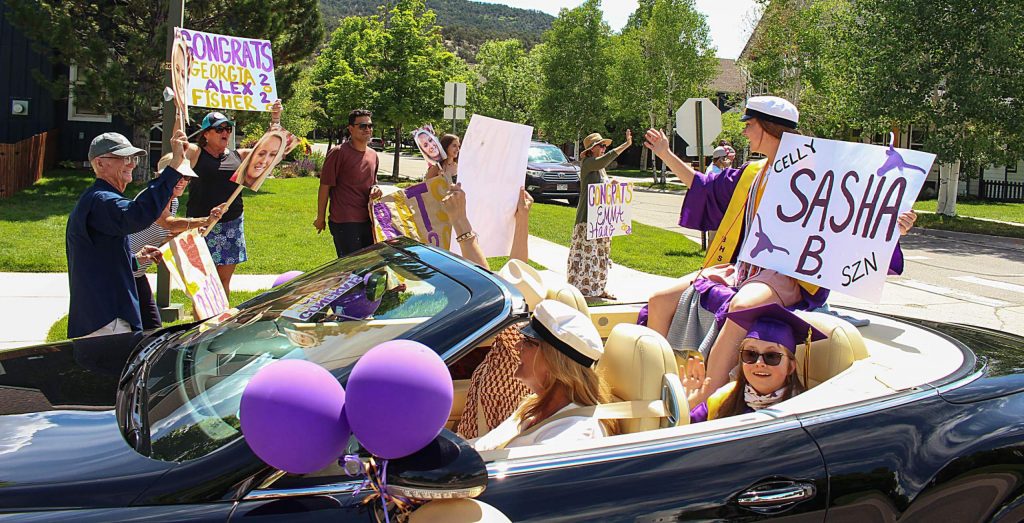 Basalt seniors celebrate after their graduation cermeony by driving in a car parade on May 30, 2020. (Maddie Vincent/The Aspen Times).