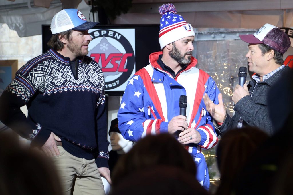 Casey Puckett, left, stands with NASCAR driver Jimmie Johnson, center, and National Geographic photographer Pete McBride during the 2016 Audi Ajax Cup at the base of Aspen Mountain. (Photo by Austin Colbert/The Aspen Times)