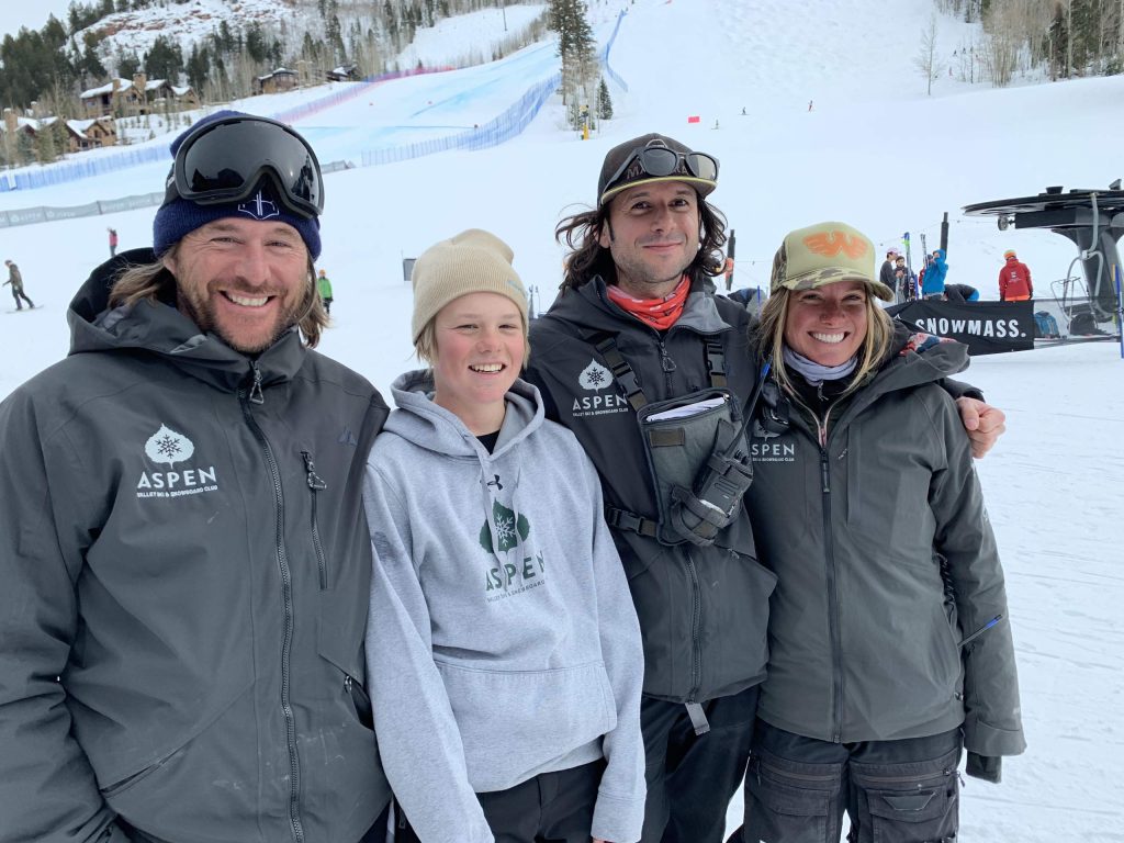 Casey Puckett, left, stands with U16 skier Jake Morgan and two other AVSC coaches this past winter before Morgan competed in the Pokal Loka international children's competition in Sovenia. Puckett was recently named the head technical coach for the women's Europa Cup alpine team by U.S. Ski and Snowboard. (Photo by Austin Colbert/The Aspen Times)