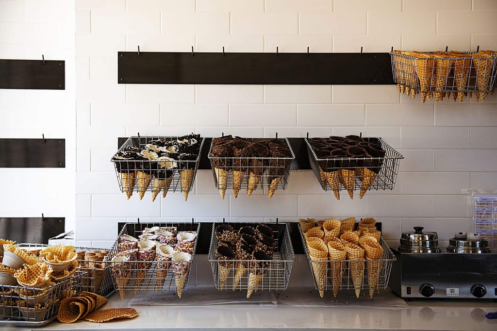 Fresh homemade waffle cones are displayed on the wall of Sundae in Snowmass Base Village on Thursday, July 30, 2020. 